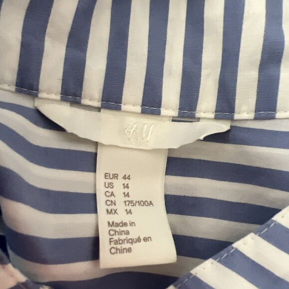 H&M Blouse Women 14 Blue White Vertical Striped Henley Long Sleeve Casual Top - Picture 5 of 14